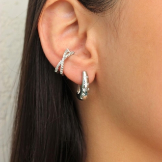 Detalhes do produto Brinco Argola Oval com Zircônias Estrelas em Rodio Branco