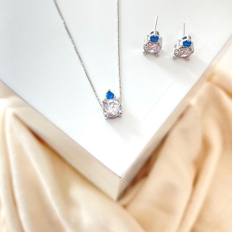 Detalhes do produto Brinco Zircônia com Cristal Azul, em Ródio Branco