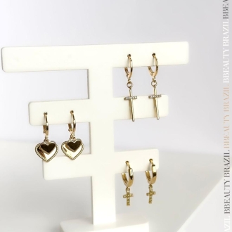 Detalhes do produto Brinco Argola Articulada Dois Corações Canetados em ouro