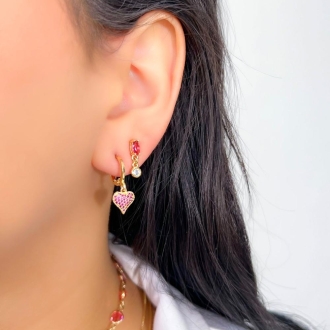 Detalhes do produto Brinco duas zirconias magenta e cristal, em ouro