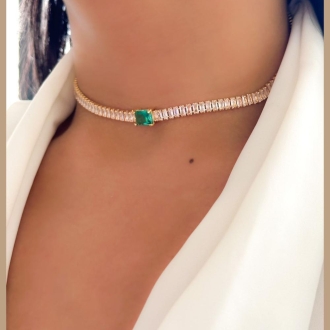 Detalhes do produto Choker De cristais retangulares e turmalina acqua em ouro