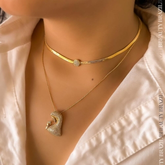 Detalhes do produto Choker Fita lisa com circulo cravejado de zircornias em ouro