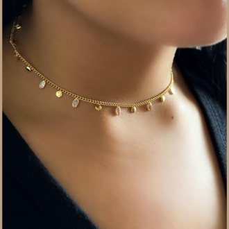 Detalhes do produto Choker Zirconia Oval e Chapinha Lisa em ouro