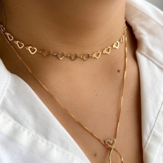 Detalhes do produto Colar Com Pingente Coração Gancho Cravejado, em Ouro