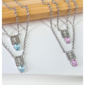 Detalhes do produto Colar Escapulário Duas meninas com gotas rosas em Rodio