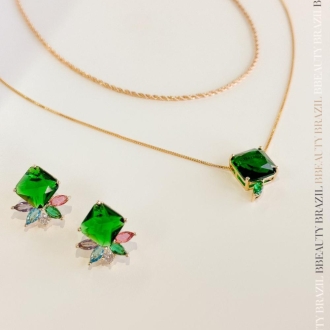 Detalhes do produto Colar  Esmeralda verde escuro com cristal  em ouro