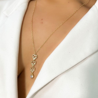 Detalhes do produto Colar gravatinha de corações com zirconias, em ouro