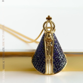 Detalhes do produto Colar  Nossa Senhora em ouro cravejada zicornias azuis