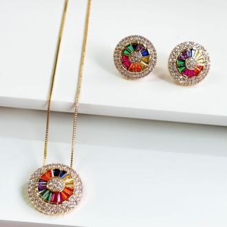 Detalhes do produto Colar Pizza Navetes Coloridas em Ouro