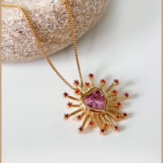 Detalhes do produto Colar Sagrado coraçao com cristal rosa em ouro