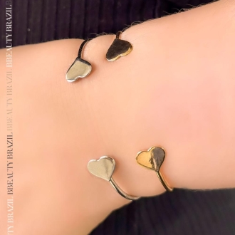 Detalhes do produto Bracelete dois Corações lisos nas pontas, em ródio