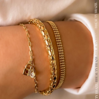 Detalhes do produto Pulseira Cadeado com três zircônias e um cristal, em ouro