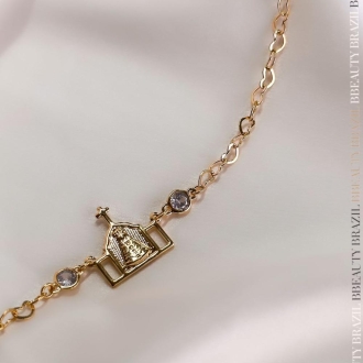 Detalhes do produto Pulseira Capelinha Nossa Senhora com elo de corações, em ouro
