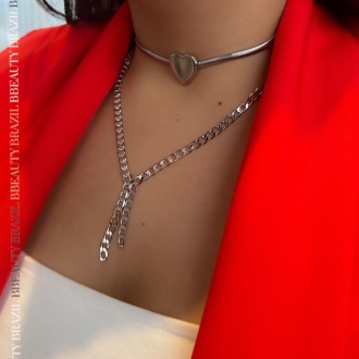 Detalhes do produto Choker Rabo de rato com coração liso, em ródio - CPV23/24