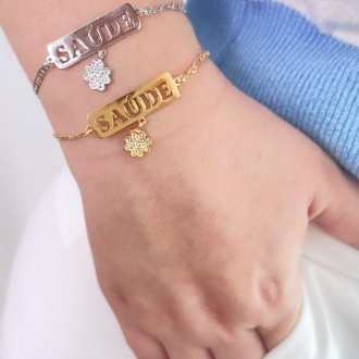 Detalhes do produto Pulseira Saúde com Trevo cravejado em Ouro