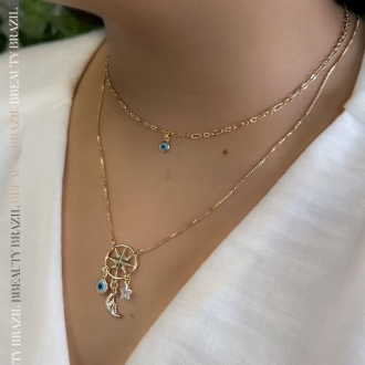 Detalhes do produto Choker Olho Grego pequeno, elo fígaro, em ouro.