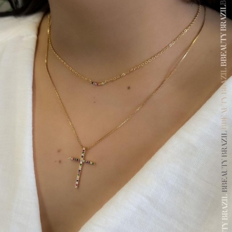 Detalhes do produto Colar barrinha com cinco zircônias coloridas em ouro