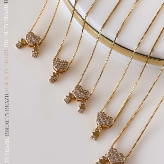 Detalhes do produto Colar Casal  com coração cravejado com zircornias em ouro