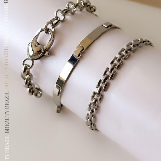Detalhes do produto Pulseira elo português com fecho Cadeado de coração, em ródio.