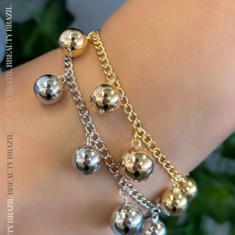 Detalhes do produto Pulseira elos groumet com esféras lisas, em ouro.