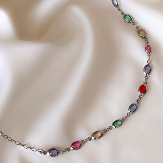 Detalhes do produto Colar Infantil com Cristais Ovais coloridos, em ródio.