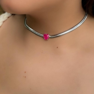 Detalhes do produto Colar Salamandra com coração rosa em Rodio