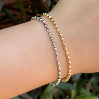Detalhes do produto Pulseira bolinhas lisas e fecho bóia, em ouro.