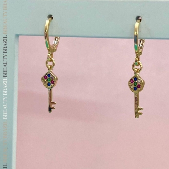 Detalhes do produto Brinco Argola Articulada com chave cravejada em ouro