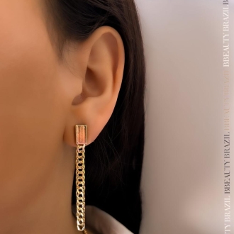 Detalhes do produto Brinco barrinha lisa e correntinha elo pendurada, em ouro