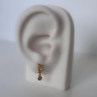 Detalhes do produto Brinco duas zirconias amarelo e cristal, em ouro