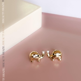 Detalhes do produto Brinco Elefante com duas zircônias cristais, em ouro.