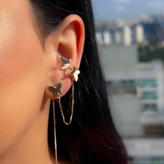 Detalhes do produto Brinco fio com borboletas e piercing, em ouro
