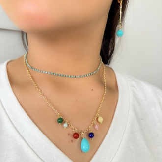 Detalhes do produto Choker com cristais azuis em caixa, em ouro