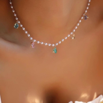 Detalhes do produto Choker com perolas e gotas de cristal coloridos, em ouro