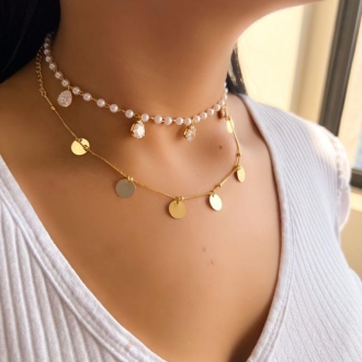 Detalhes do produto Choker com perolas e gotas de cristal, em ouro