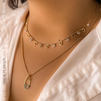 Detalhes do produto Colar alfinete de coração com zirconias coloridas, em ouro