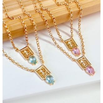 Detalhes do produto Colar Escapulário Duas Meninas com gota Rosa em ouro