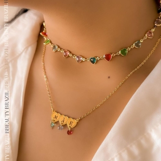 Detalhes do produto Colar MÃE cristais coloridos em ouro