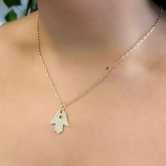 Detalhes do produto Colar mão de fatima cravejada com zircornias em ouro