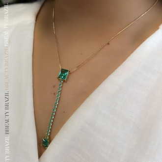Detalhes do produto Colar riviera com esmeraldas quadradas verde em ouro
