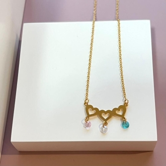 Detalhes do produto Colar Três Corações com cristais coloridos em ouro