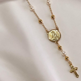 Detalhes do produto Pulseira terço com pequenas esféras lisas e pérolas, em ouro