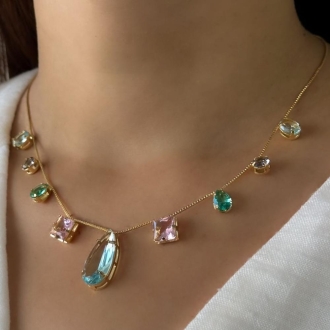Detalhes do produto Colar Cristais Diversos com Gota Azul Acqua em ouro