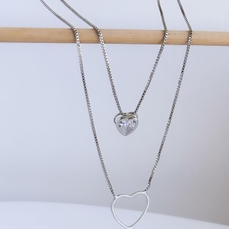 Detalhes do produto Colar Duplo Coração Cristal e Vazado em Rodio