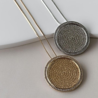 Detalhes do produto Colar Medalha Pai Nosso Cravejada em ouro