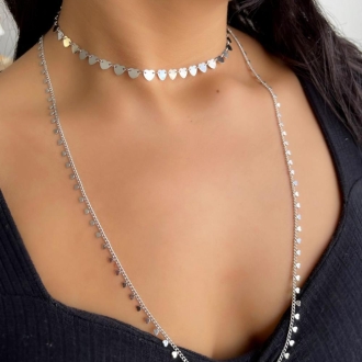 Detalhes do produto Choker Chapinhas de Corações, em Ródio Branco
