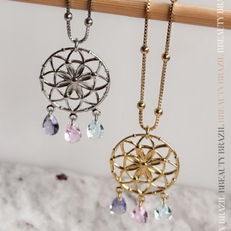 Detalhes do produto Colar Mandala com zirconias coloridas em ouro