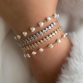 Detalhes do produto Pulseira Corações de Pérolas com fecho boia em Rodio