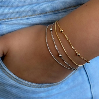 Detalhes do produto Pulseira Dupla Rabo de Rato e bolinhas em Rodio