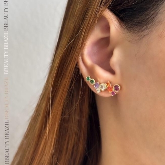 Detalhes do produto Brinco Ear Cuff com zircônias coloridas, em ouro